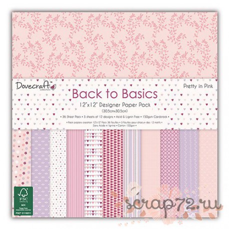 1/3 набора бумаги Dovecraft Back to Basics - Pretty In Pink, 30*30см, 12л, 150гр